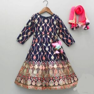 NWT Navy W/Gold Thread And Sequins Embroidered Anarkali, Lace Detail Dupatta